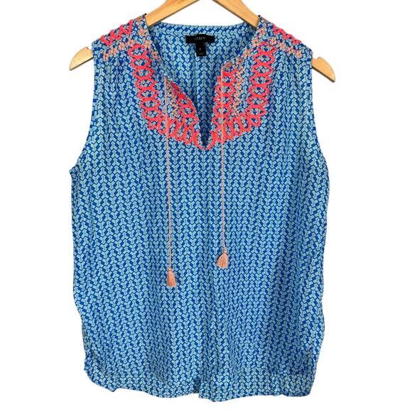 J.Crew Silk Blue Arrow Print Tassel Embroidered Sleeveless Tank top Size 8 - Picture 2 of 10